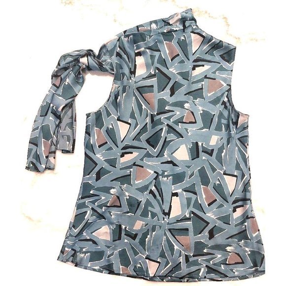 NINE WEST WOMENS Green/Gray V-NECK SLEEVELESS BLOUSE TIE at Neck SIZE Large‎ - Picture 2 of 5